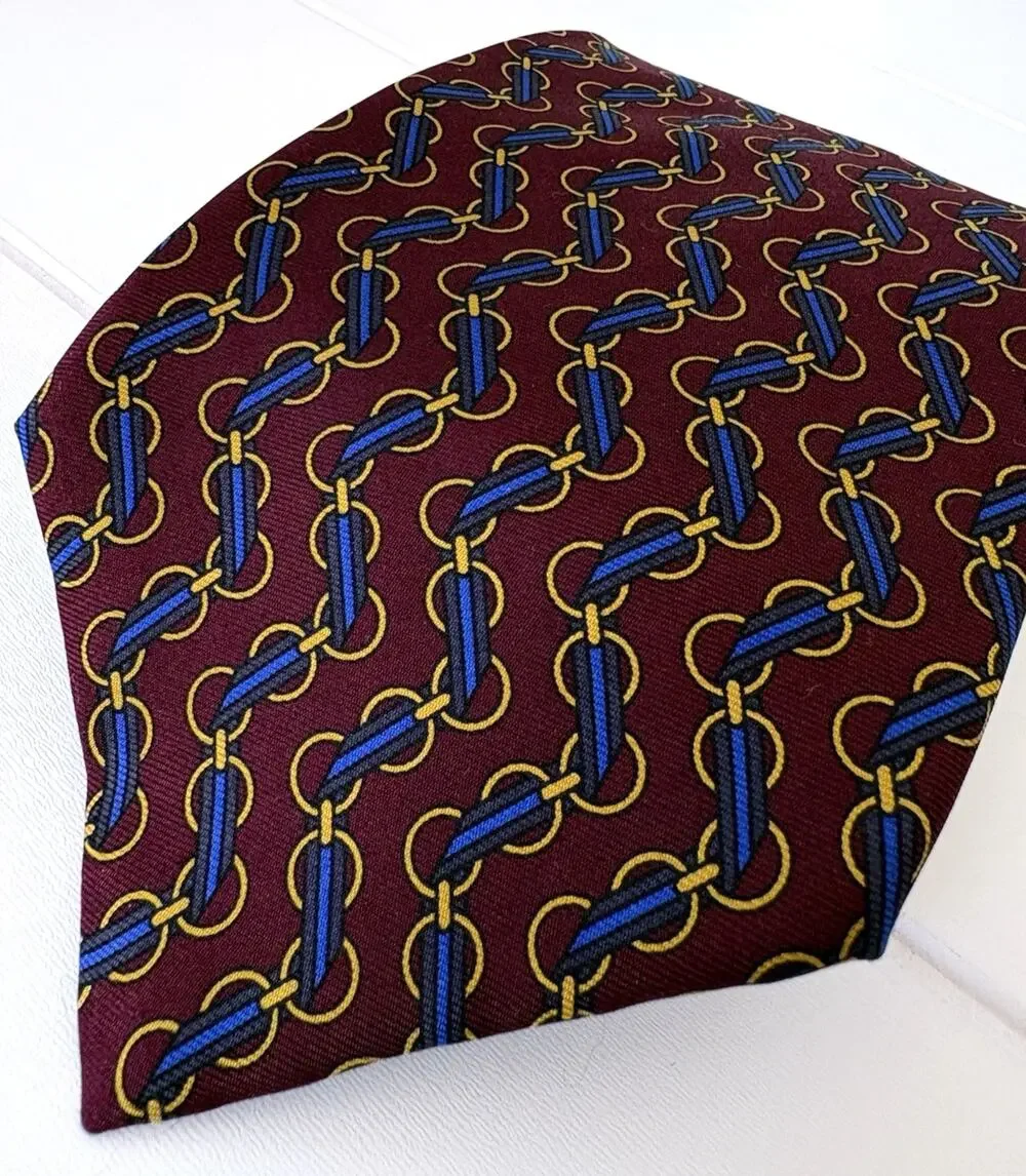 Ted Lapidus Silk Tie Made in USA Burgundy Blue Gold Chain Equestrian 3.75